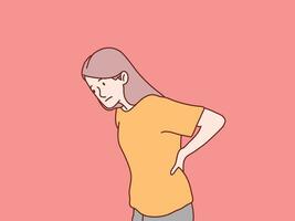 Standing girl female hands touching back pain backache simple korean style illustration vector