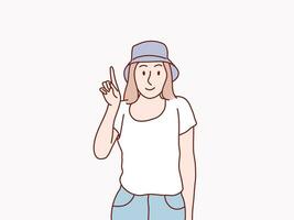 Eureka smart girl got an idea raising finger pointing on top simple korean style illustration vector