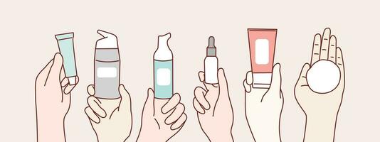 Female hands holding make up face packaging simple korean style illustration vector