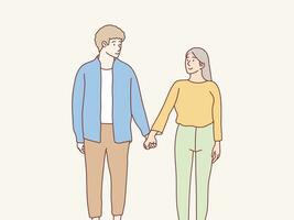 Couple smiling and looking at each other holding hands fall in love simple korean style illustration vector