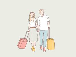 Happy couple carry suitcase being ready to go holidays simple korean style illustration vector