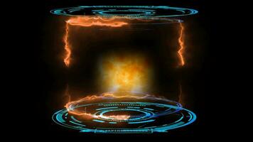 Nuclear Fusion Engine simulation of atomic collision to release mass power in digital blue laboratory on the black screen video