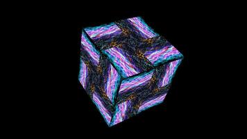 Cube twist abstract blue orange pink white visualization waveform technology digital thiusand element dot on the black screen video