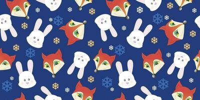 Cartoon Christmas pattern with cute fox and rabbits, fairy tail characters with falling snowflakes.Print DesignTextile for Kids Fashion. Print for textile, wrapper, postcard. vector