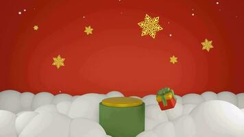 3d rood achtergrond met sneeuwvlok Kerstmis en groen minimalistische podium, geschikt voor Product Promotie video