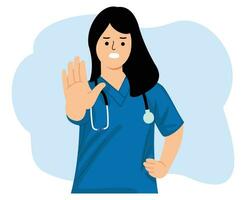 angry woman nurse expression displeased estend hand to stopping or disagree vector