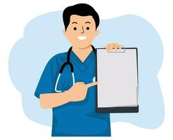 young man nurse wearing blue uniform with a stethoscope pointing at clipboard paper medical check up vector