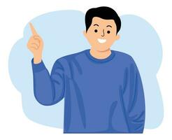 young man smiling and pointing index finger up at copy space vector