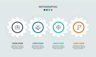 4 process infographics cogwheel for business to succeed. Strategy, planning, report, and diagram. Vector illustration.