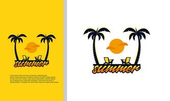 Tropical paradise emblem with palm trees and sunset, vector logo template, isolated on white background, copy space.