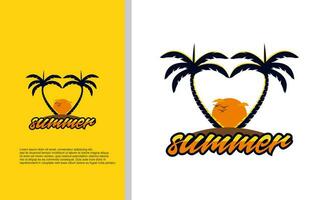 Tropical paradise emblem with palm trees and sunset, vector logo template, isolated on white background, copy space.