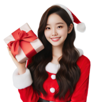 ai generatief mooi vrouw vervelend een de kerstman kostuum Holding een geschenk doos en glimlachen png