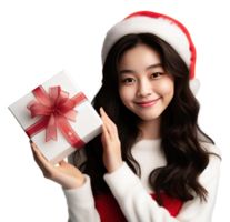 AI Generativebeautiful woman wearing a Santa costume holding a gift box and smiling png