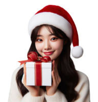 AI Generative beautiful woman wearing a Santa costume holding a gift box and smiling png