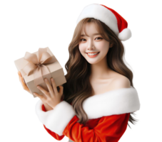 ai generativo lindo mulher vestindo uma santa traje segurando uma presente caixa e sorridente png