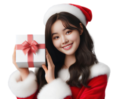 ai generativo lindo mulher vestindo uma santa traje segurando uma presente caixa e sorridente png