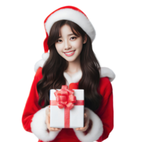 AI Generative beautiful woman wearing a Santa costume holding a gift box and smiling png