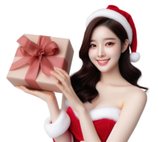 ai generativo lindo mulher vestindo uma santa traje segurando uma presente caixa e sorridente png