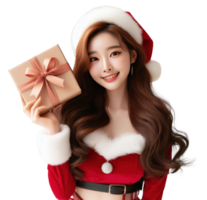 AI Generative beautiful woman wearing a Santa costume holding a gift box and smiling png