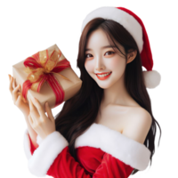 AI Generative beautiful woman wearing a Santa costume holding a gift box and smiling png