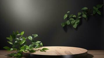 Cosmetics product wooden podium on green background photo