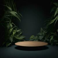 Cosmetics product wooden podium on green background photo