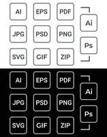 Black and white popular line document file format icons set. Multi type simple flat design vector pictogram for app ads web website button ui ux interface elements isolated