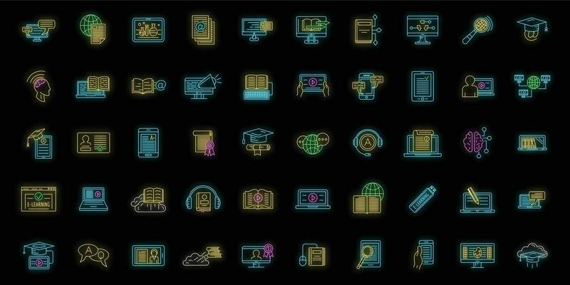 E-learning training icons set vector neon