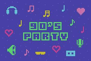 90s Party Text Banner. Retro Style Poster with Bright Pixeled Letters on Violet Background. Nineties Invitation vector