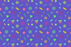 Abstract Seamless Pattern in Memphis Style. Geometric Shapes on Violet Background, 90s Party Invitation vector
