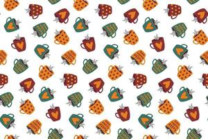 Seamless Pattern with Cups of Coffee or Mugs of Tea in Autumn Colors vector