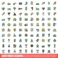 100 tree icons set, color line style vector