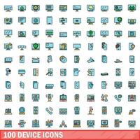 100 device icons set, color line style vector