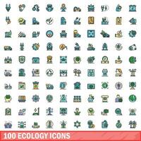 100 ecology icons set, color line style vector