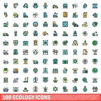 100 ecology icons set, color line style vector