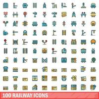 100 railway icons set, color line style vector