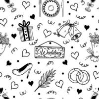 Wedding seamless vector pattern. Symbols of marriage - engagement rings, bouquets of flowers, holiday gifts, hearts, glasses, bells. Hand drawn doodles. Black and white background for love party, date