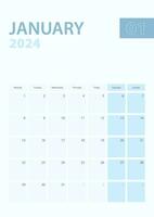 Vertical calendar page of January 2024, Week starts from Monday. vector