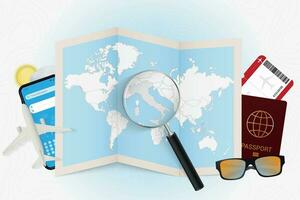 Travel destination Italy, tourism mockup with travel equipment and world map with magnifying glass on a Italy. vector