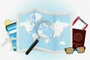 Travel destination Malta, tourism mockup with travel equipment and world map with magnifying glass on a Malta. vector