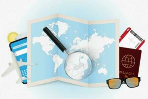 Travel destination Zambia, tourism mockup with travel equipment and world map with magnifying glass on a Zambia. vector