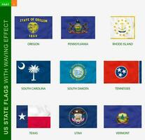 Set of US state flags with waving effect, national flag with texture. vector