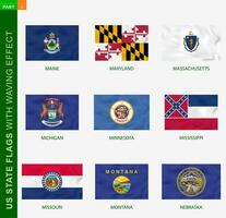 Set of US state flags with waving effect, national flag with texture. vector