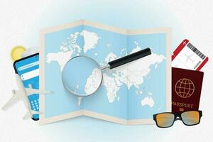 Travel destination Barbados, tourism mockup with travel equipment and world map with magnifying glass on a Barbados. vector