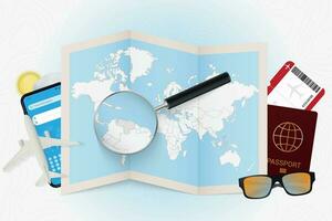 Travel destination Venezuela, tourism mockup with travel equipment and world map with magnifying glass on a Venezuela. vector