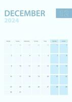 Vertical calendar page of December 2024, Week starts from Monday. vector