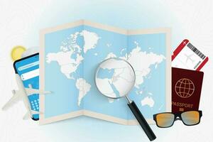 Travel destination Jordan, tourism mockup with travel equipment and world map with magnifying glass on a Jordan. vector