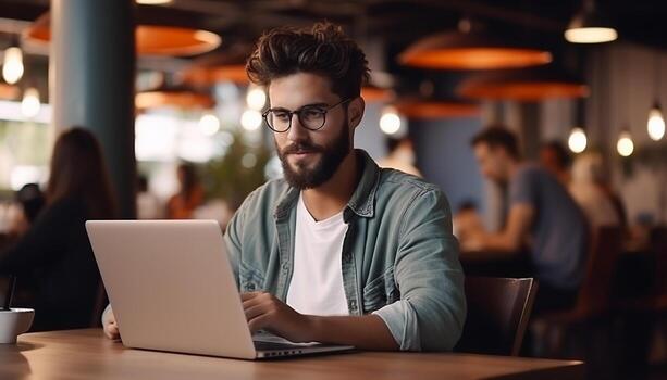 A young professional businessman sits at his desk, using his laptop computer to access the internet and work on business projects. generative ai photo