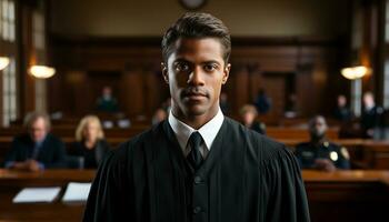 un masculino abogado soportes con confianza en el sala de justicia, un retrato capturar su profesionalismo y Dedicación a el ley. generativo ai. foto