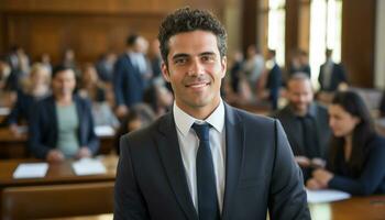 un masculino abogado soportes con confianza en el sala de justicia, un retrato capturar su profesionalismo y Dedicación a el ley. generativo ai. foto